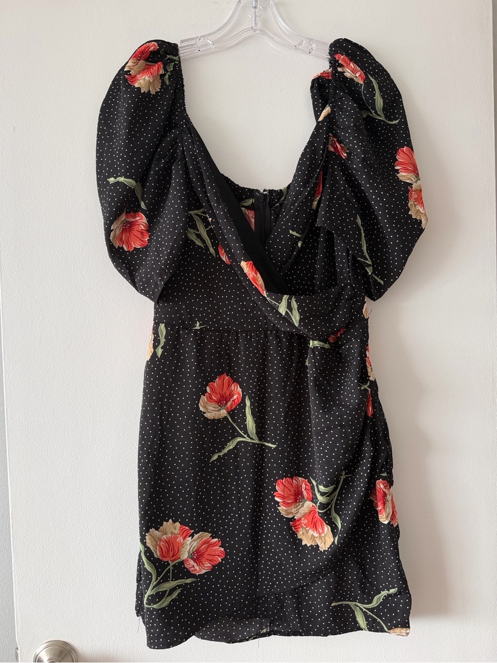Forever 21 Floral Polka Dot Puff Sleeve Sweetheart Mini Dress Size L Ruched